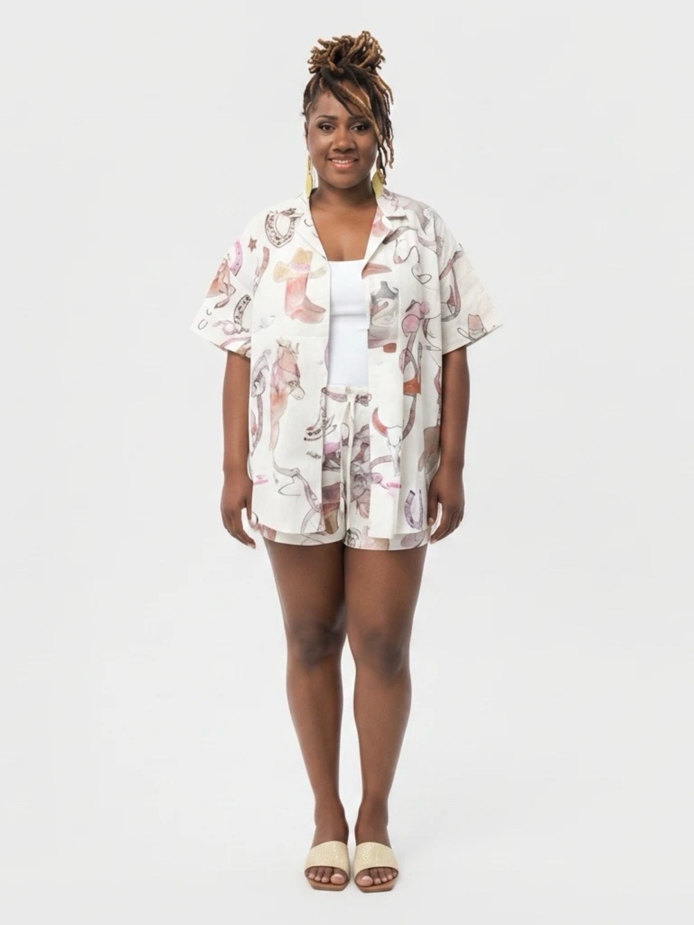 Womens Printed Short Pajama Set - White with Pink Accents - Picture 1 of 5